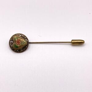 0091 Vintage Unsigned Antiqued Gold Tone Locket Stick Pin w/Pink Rose Motif EUC